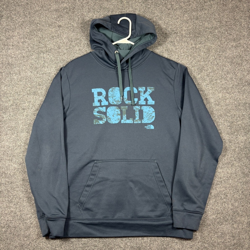 The North Face Hoodie Mens L Navy Blue Rock Solid Graphic Pullover Fleece Lined